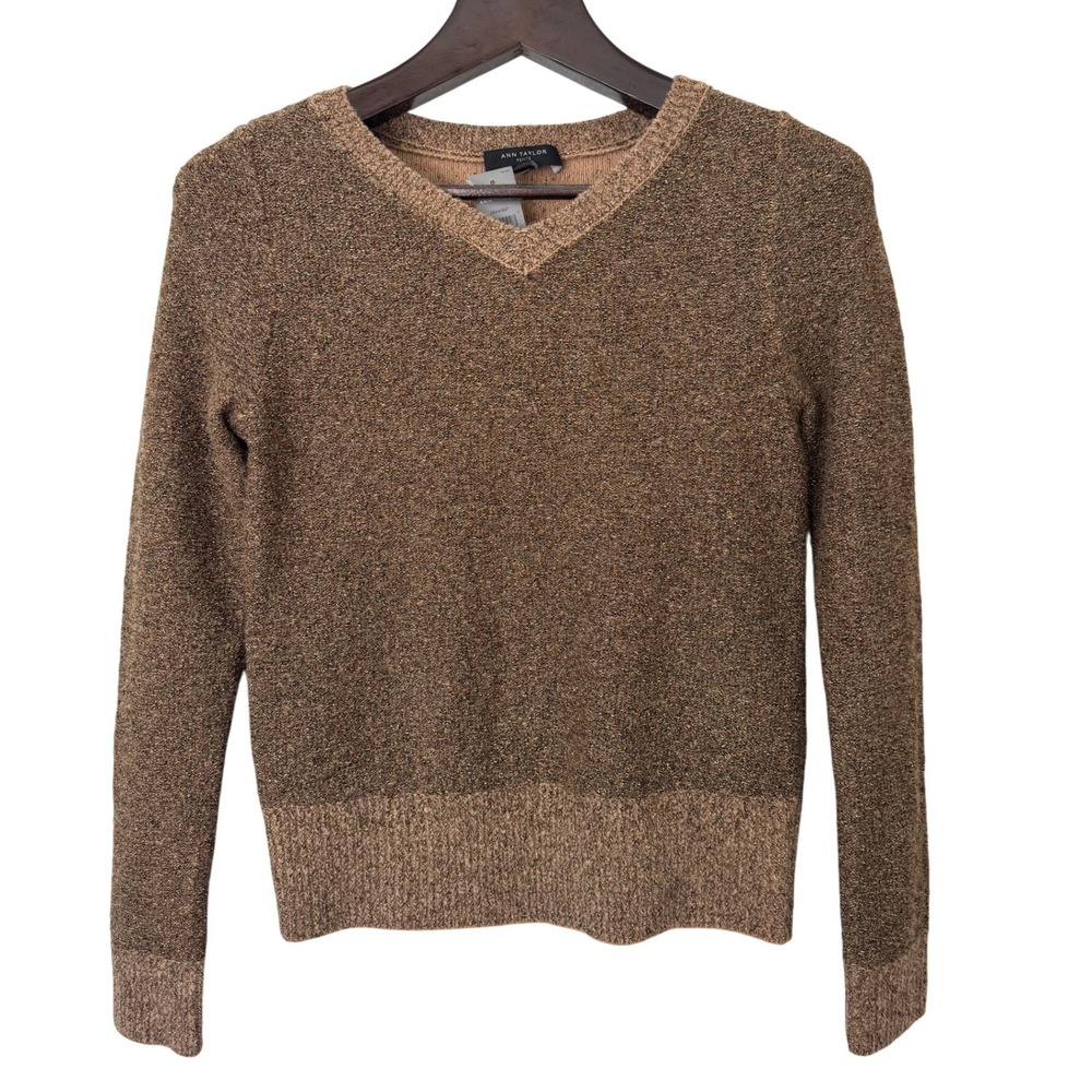 Ann‎ Taylor Petite Knit V Neck Tan Gold Metallic Long Sleeve Sweater Size MP NWT
